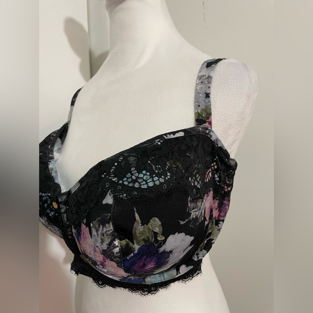 NWOT CACIQUE Unlined Balconette Underwire Bra Black Floral Eyelash Lace 44G - Picture 3 of 10